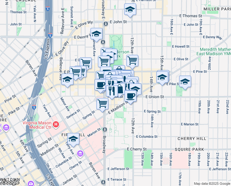 map of restaurants, bars, coffee shops, grocery stores, and more near 1414 10th Avenue in Seattle