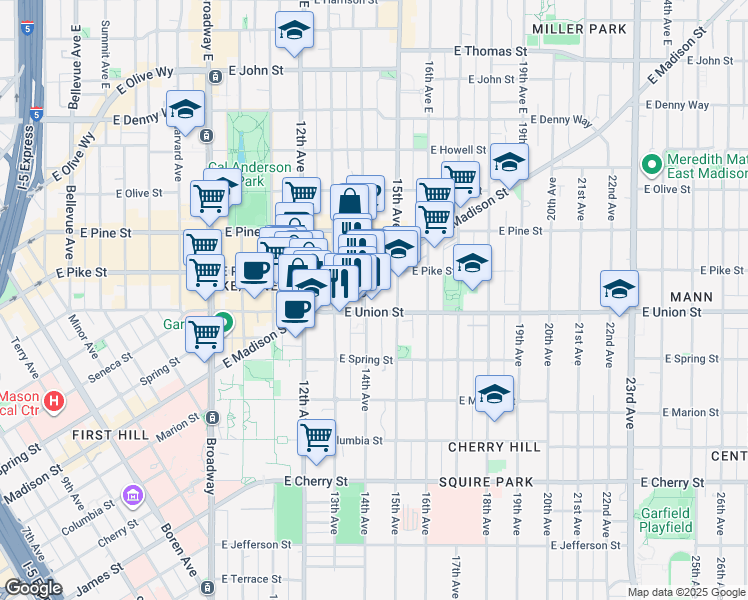 map of restaurants, bars, coffee shops, grocery stores, and more near 1408 East Union Street in Seattle