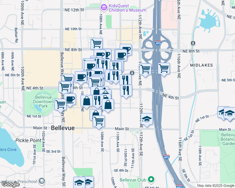 map of restaurants, bars, coffee shops, grocery stores, and more near 355 110th Avenue Northeast in Bellevue