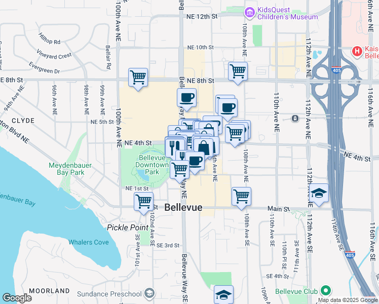 map of restaurants, bars, coffee shops, grocery stores, and more near 300 Bellevue Way Northeast in Bellevue