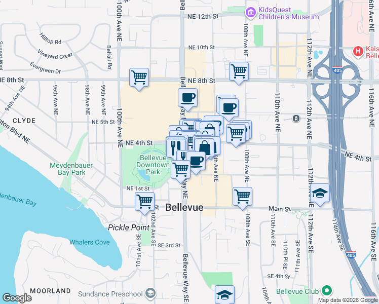 map of restaurants, bars, coffee shops, grocery stores, and more near 300 Bellevue Way Northeast in Bellevue