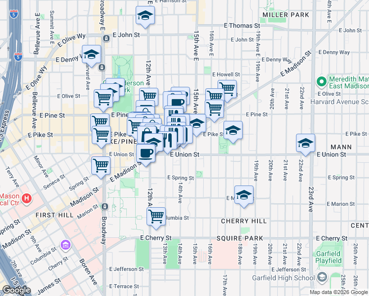 map of restaurants, bars, coffee shops, grocery stores, and more near 1325 East Madison Street in Seattle
