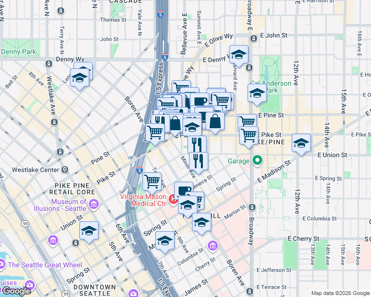 map of restaurants, bars, coffee shops, grocery stores, and more near 1412 Bellevue Avenue in Seattle