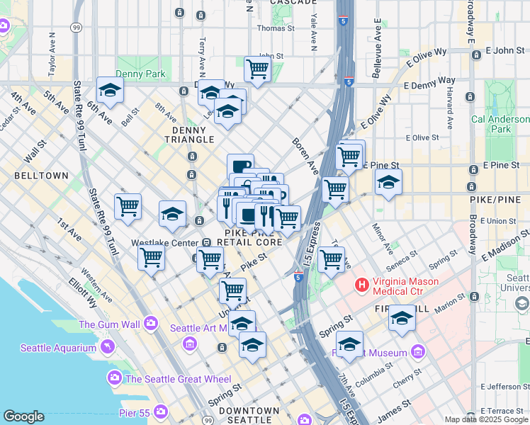 map of restaurants, bars, coffee shops, grocery stores, and more near 1635 8th Avenue in Seattle