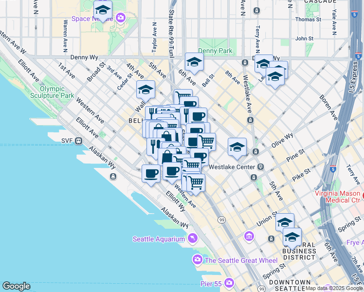 map of restaurants, bars, coffee shops, grocery stores, and more near 2119 2nd Avenue in Seattle