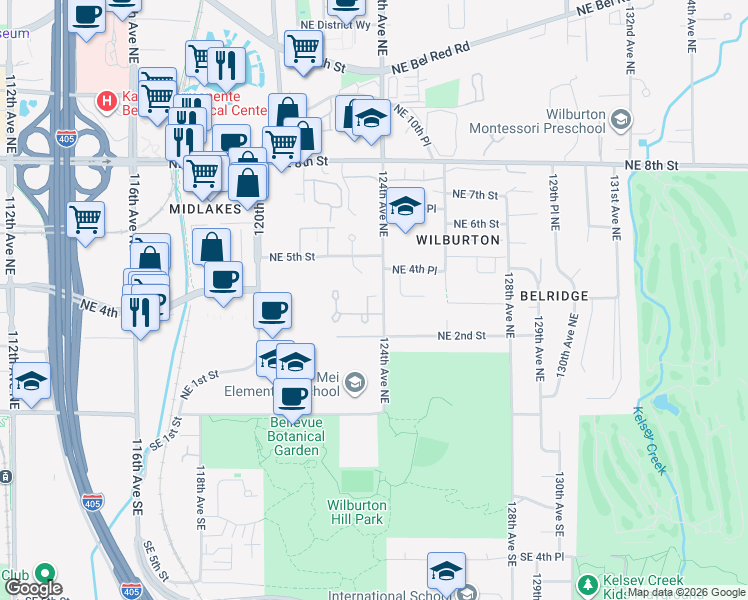map of restaurants, bars, coffee shops, grocery stores, and more near 12390 Northeast 3rd Place in Bellevue
