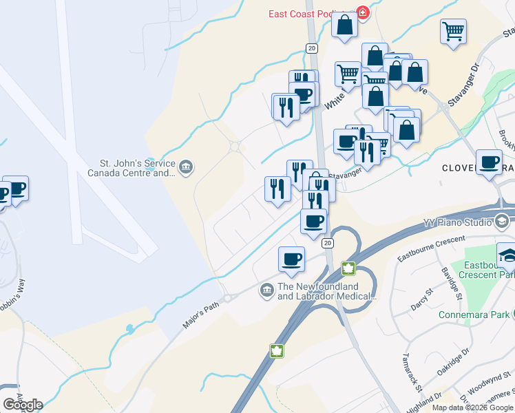 map of restaurants, bars, coffee shops, grocery stores, and more near 008 Green Street in St. John's