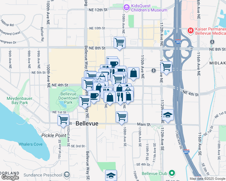 map of restaurants, bars, coffee shops, grocery stores, and more near 10655 Northeast 4th Street in Bellevue
