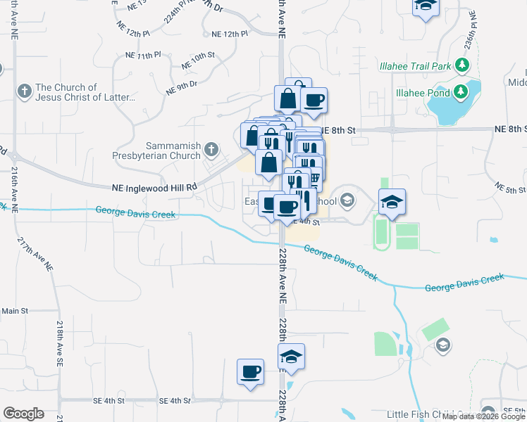 map of restaurants, bars, coffee shops, grocery stores, and more near 22727 Northeast 4th Place in Sammamish