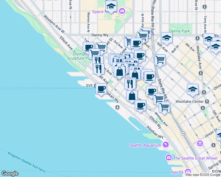 map of restaurants, bars, coffee shops, grocery stores, and more near 9 Wall Street in Seattle