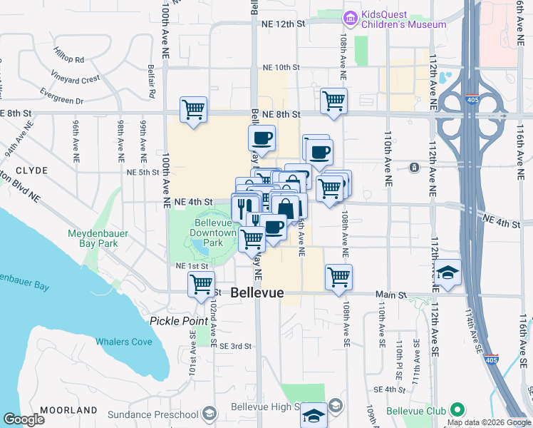 map of restaurants, bars, coffee shops, grocery stores, and more near 300 Bellevue Way Northeast in Bellevue