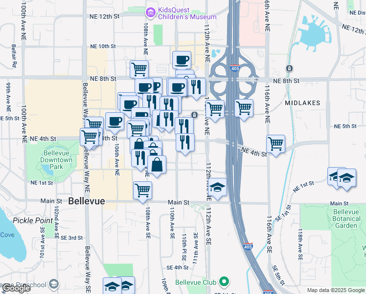 map of restaurants, bars, coffee shops, grocery stores, and more near 300 110th Avenue Northeast in Bellevue