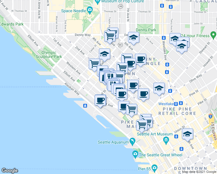 map of restaurants, bars, coffee shops, grocery stores, and more near 1st Ave & Bell St in Seattle