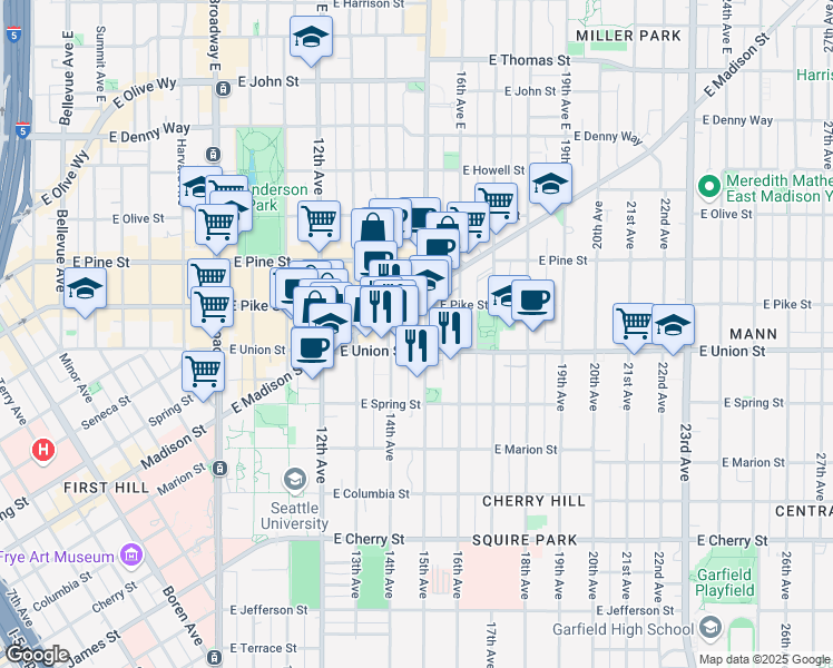 map of restaurants, bars, coffee shops, grocery stores, and more near 1422 East Union Street in Seattle