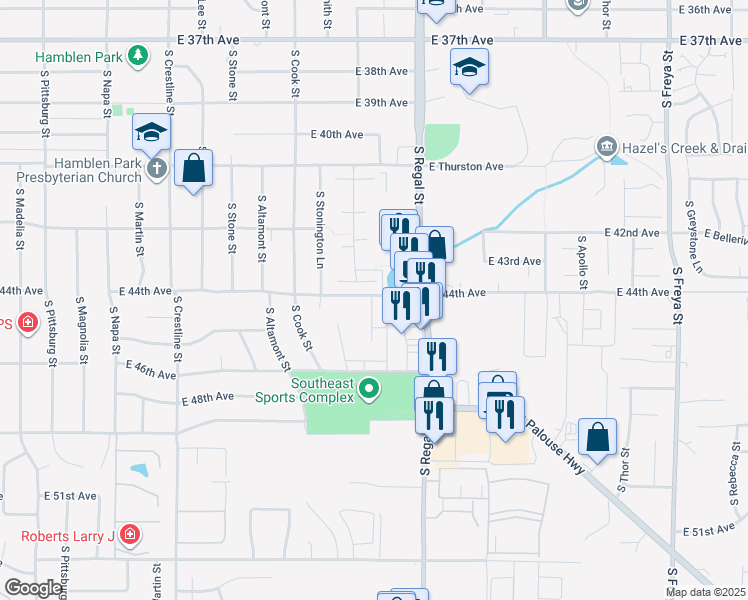 map of restaurants, bars, coffee shops, grocery stores, and more near 4501 South Sheri Court in Spokane