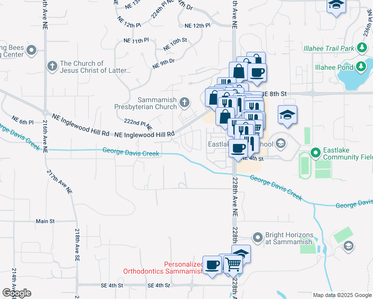 map of restaurants, bars, coffee shops, grocery stores, and more near 249 225th Avenue Northeast in Sammamish