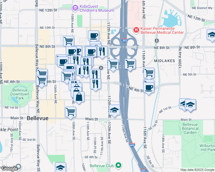 map of restaurants, bars, coffee shops, grocery stores, and more near 307 112th Avenue Northeast in Bellevue