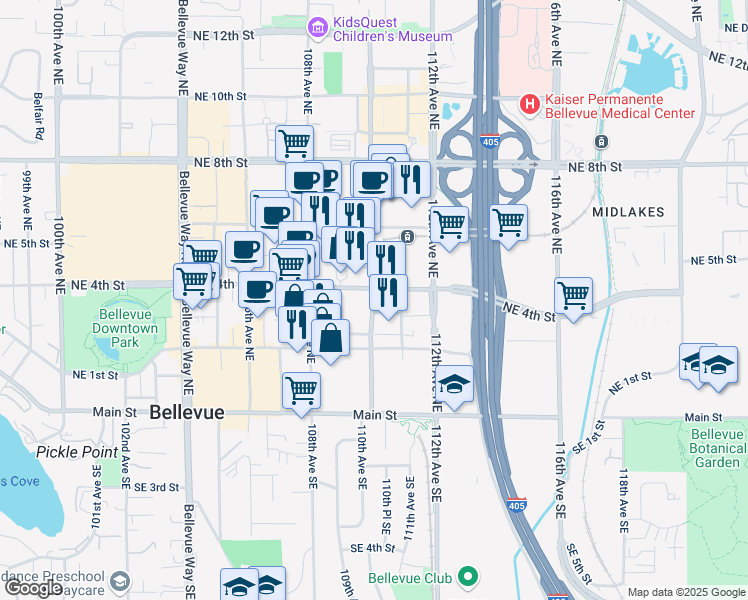 map of restaurants, bars, coffee shops, grocery stores, and more near 11009 Northeast 3rd Place in Bellevue
