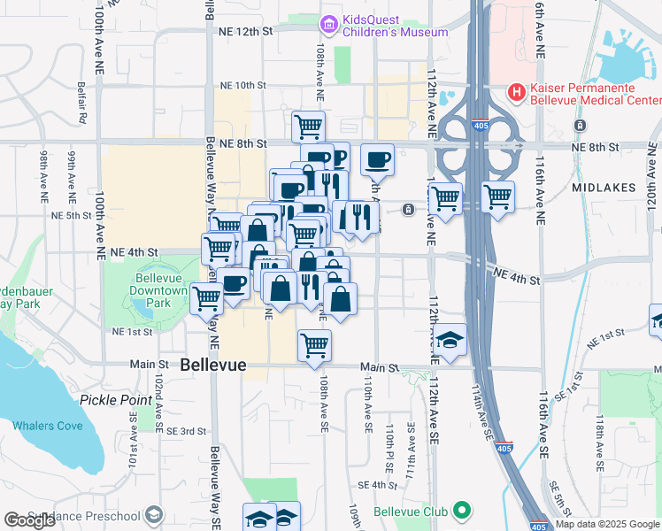 map of restaurants, bars, coffee shops, grocery stores, and more near 305 108th Avenue Northeast in Bellevue