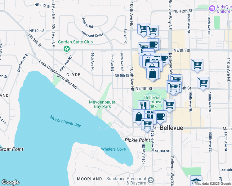 map of restaurants, bars, coffee shops, grocery stores, and more near 111 98th Avenue Northeast in Bellevue
