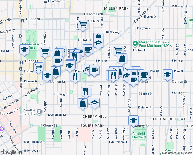 map of restaurants, bars, coffee shops, grocery stores, and more near 1809 East Union Street in Seattle