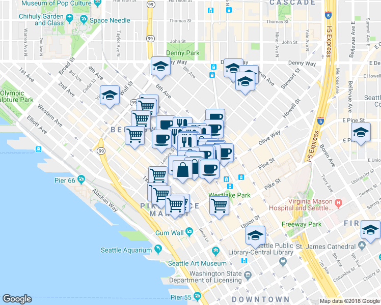 map of restaurants, bars, coffee shops, grocery stores, and more near 2010 4th Avenue in Seattle