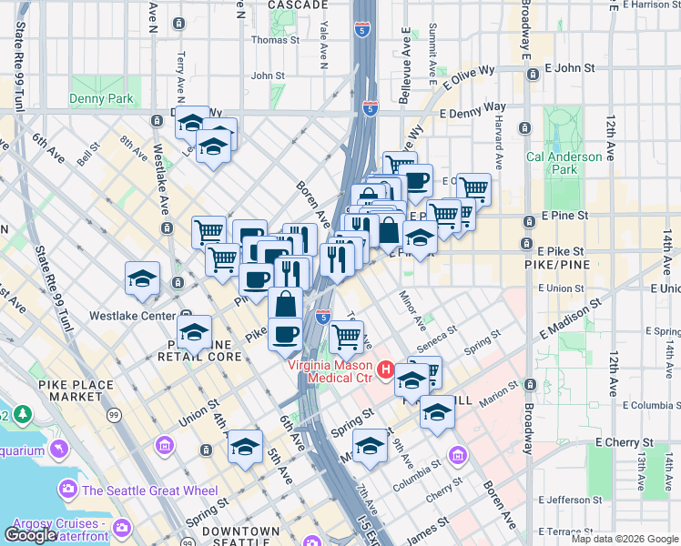 map of restaurants, bars, coffee shops, grocery stores, and more near 1000 Pike Street in Seattle