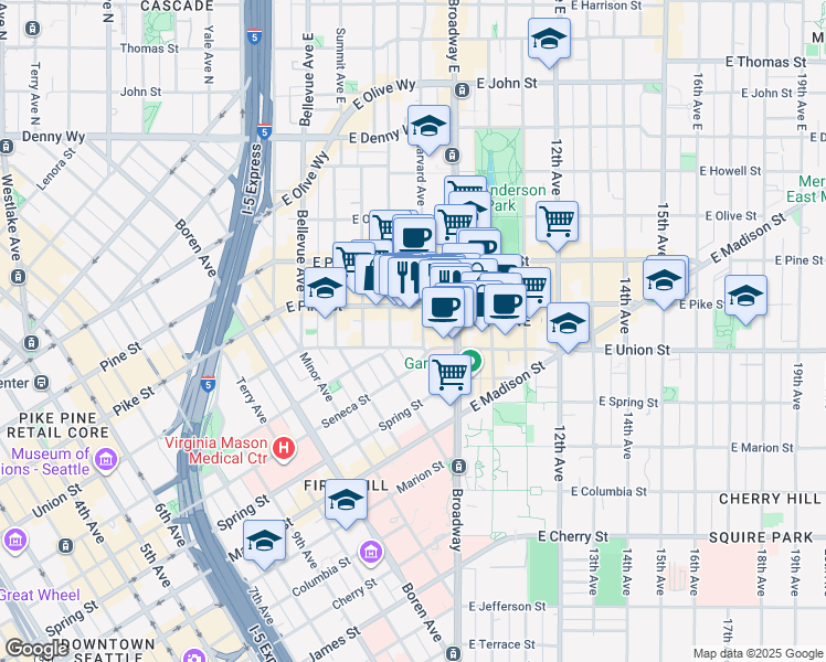 map of restaurants, bars, coffee shops, grocery stores, and more near 1421 Harvard Avenue in Seattle