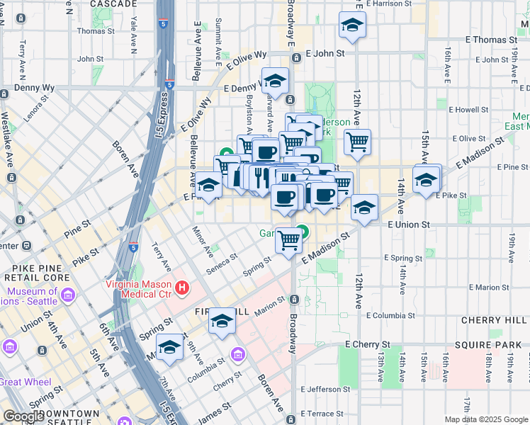map of restaurants, bars, coffee shops, grocery stores, and more near 1421 Harvard Avenue in Seattle