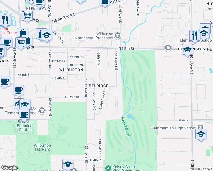 map of restaurants, bars, coffee shops, grocery stores, and more near 13002 Northeast 3rd Street in Bellevue