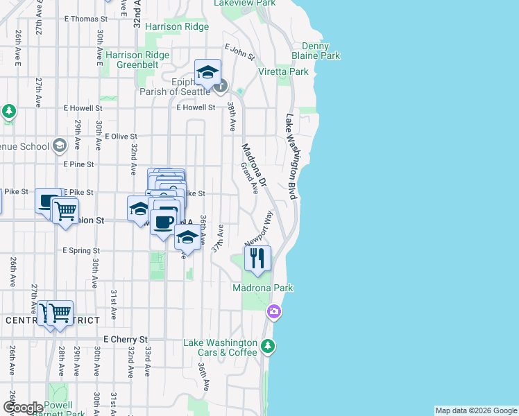 map of restaurants, bars, coffee shops, grocery stores, and more near 1430 Newport Way in Seattle