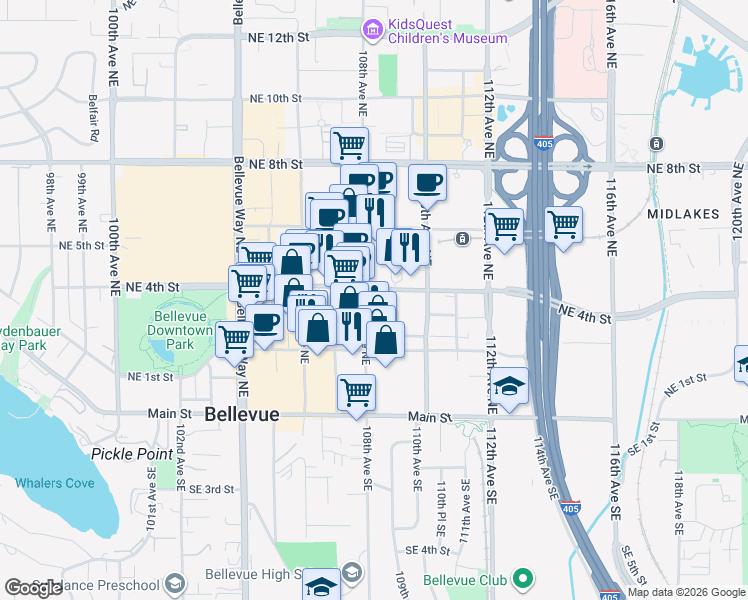 map of restaurants, bars, coffee shops, grocery stores, and more near 320 108th Avenue Northeast in Bellevue