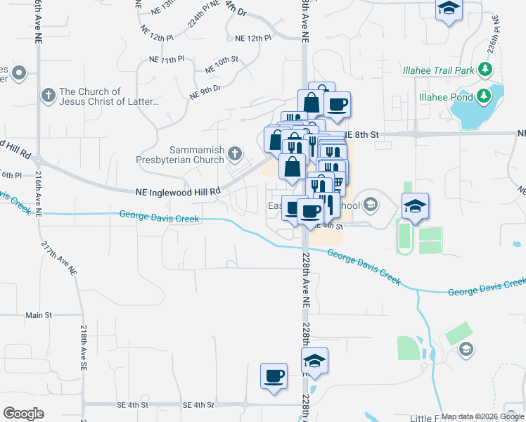 map of restaurants, bars, coffee shops, grocery stores, and more near 409 226th Lane Northeast in Sammamish