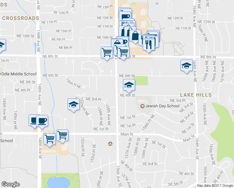 map of restaurants, bars, coffee shops, grocery stores, and more near 411 156th Avenue Northeast in Bellevue