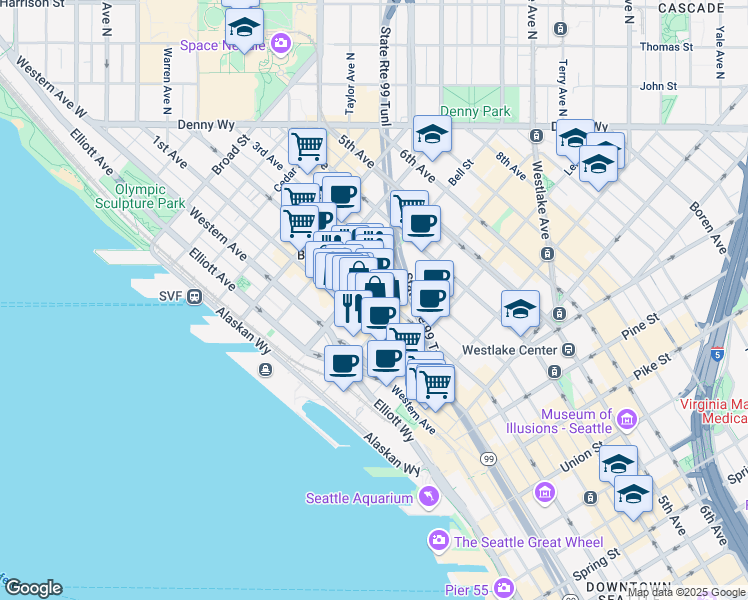 map of restaurants, bars, coffee shops, grocery stores, and more near 2225 1st Avenue in Seattle