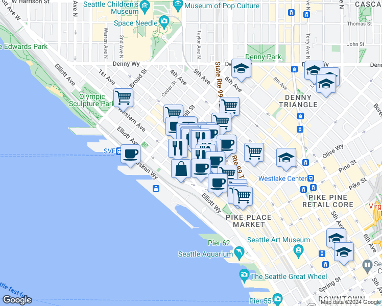 map of restaurants, bars, coffee shops, grocery stores, and more near 2303 Western Avenue in Seattle