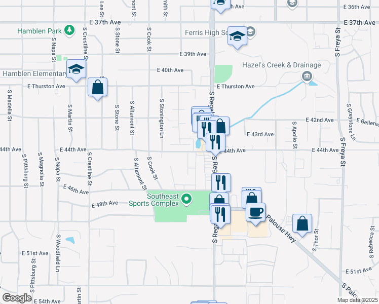 map of restaurants, bars, coffee shops, grocery stores, and more near 4405 South Sheri Court in Spokane