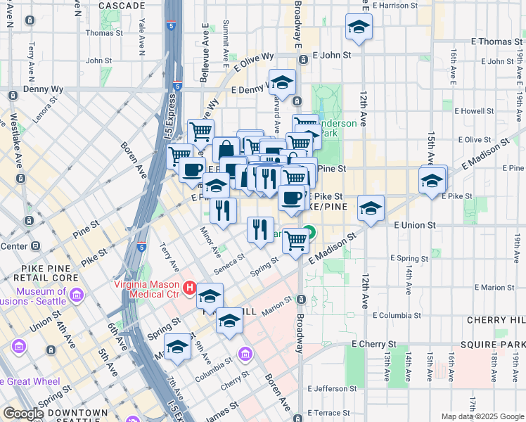 map of restaurants, bars, coffee shops, grocery stores, and more near 614 Boylston Avenue in Seattle