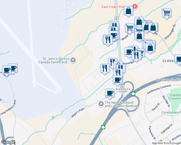 map of restaurants, bars, coffee shops, grocery stores, and more near 66 Hussey Drive in St. John's