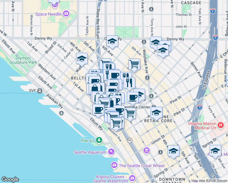 map of restaurants, bars, coffee shops, grocery stores, and more near 2100 3rd Avenue in Seattle