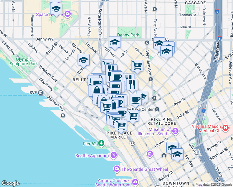 map of restaurants, bars, coffee shops, grocery stores, and more near 2100 3rd Avenue in Seattle