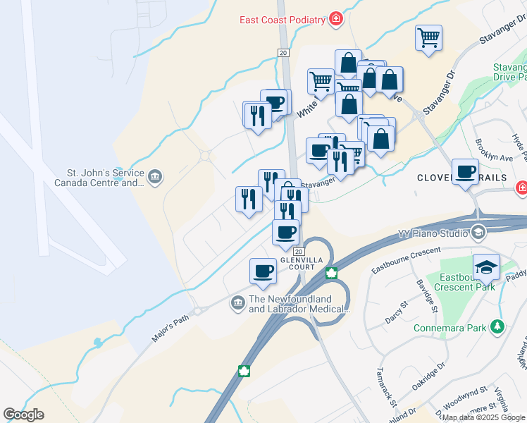 map of restaurants, bars, coffee shops, grocery stores, and more near 113 Hussey Drive in St. John's