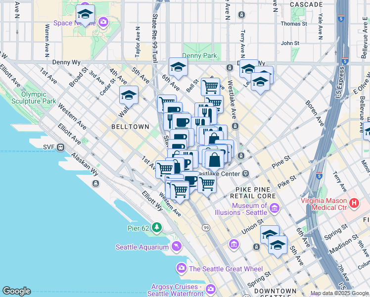 map of restaurants, bars, coffee shops, grocery stores, and more near in Seattle
