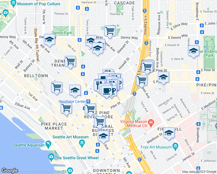 map of restaurants, bars, coffee shops, grocery stores, and more near 1635 8th Avenue in Seattle