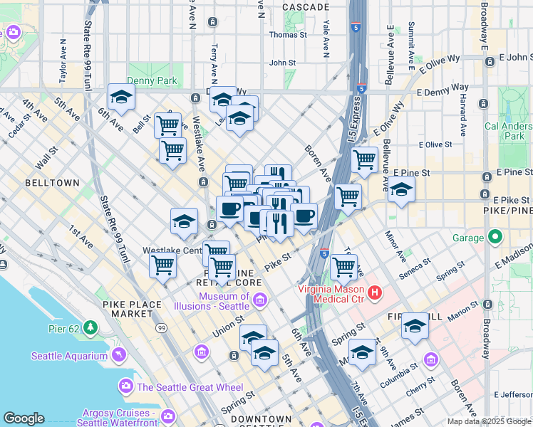 map of restaurants, bars, coffee shops, grocery stores, and more near 737 Olive Way in Seattle