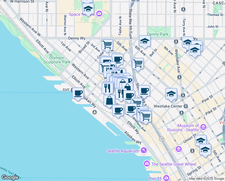 map of restaurants, bars, coffee shops, grocery stores, and more near 2303 Western Avenue in Seattle