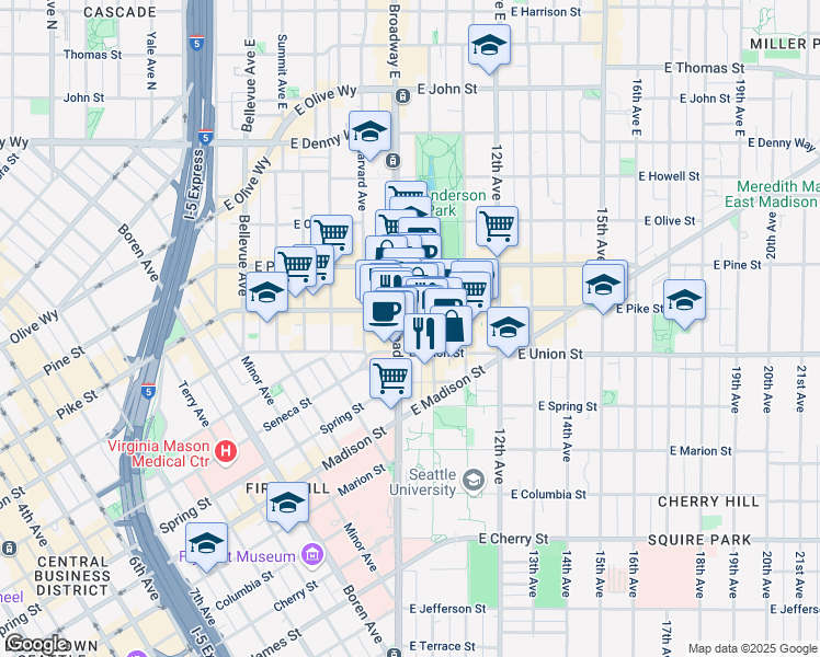 map of restaurants, bars, coffee shops, grocery stores, and more near 906 East Union Street in Seattle