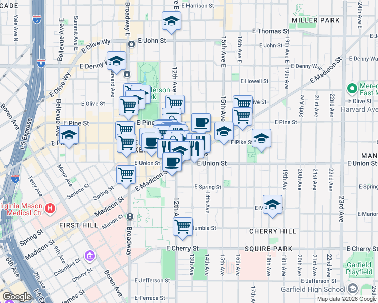 map of restaurants, bars, coffee shops, grocery stores, and more near 1222 East Madison Street in Seattle
