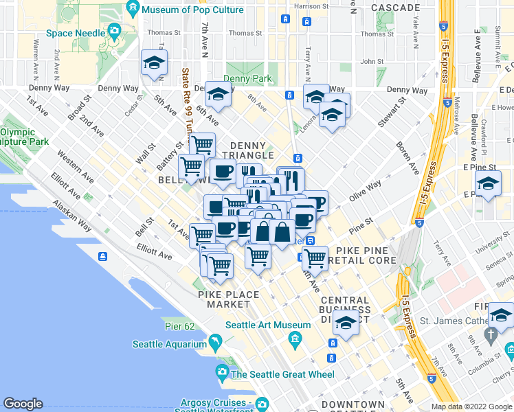 map of restaurants, bars, coffee shops, grocery stores, and more near 2001 4th Avenue in Seattle