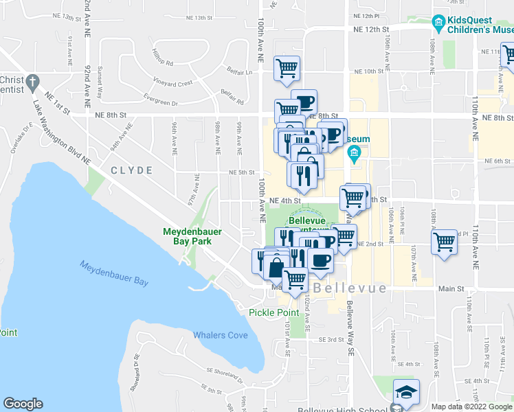 map of restaurants, bars, coffee shops, grocery stores, and more near 200 99th Avenue Northeast in Bellevue